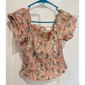 Kiwi + Punch Floral Smocked Crop Top Ruffle Sleeve Sweetheart Neckline‎ S